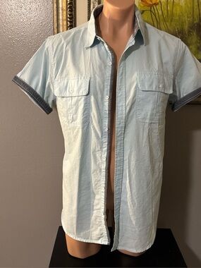 PD&C Light Blue Short Sleeve Button-Front Shirt with Trim